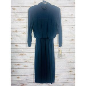 VTG Alison J Petite Women Vintage Mock Neck Dress Elastic Waist Pockets Navy 12P